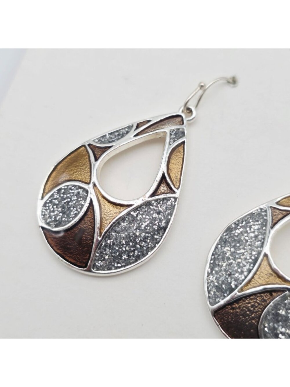 Kim Rogers Drop Earrings Silver-Tone Enamel Gold Bronze Open Tear Drop Shape - Picture 4 of 5